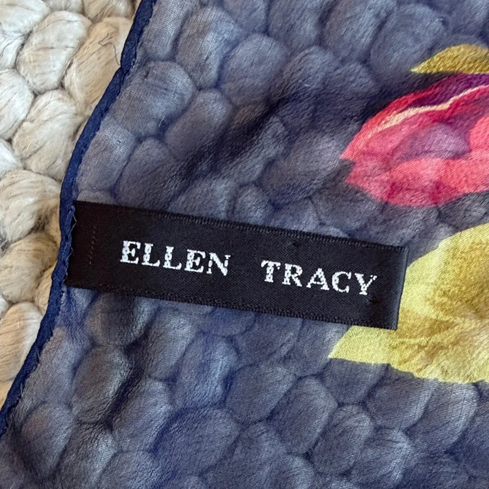 Vintage Ellen Tracy Silk Floral Navy Scarf
